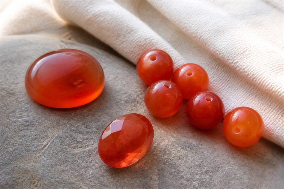 Carnelian cabochon, drilled round beads, and faceted oval on warm gray stone