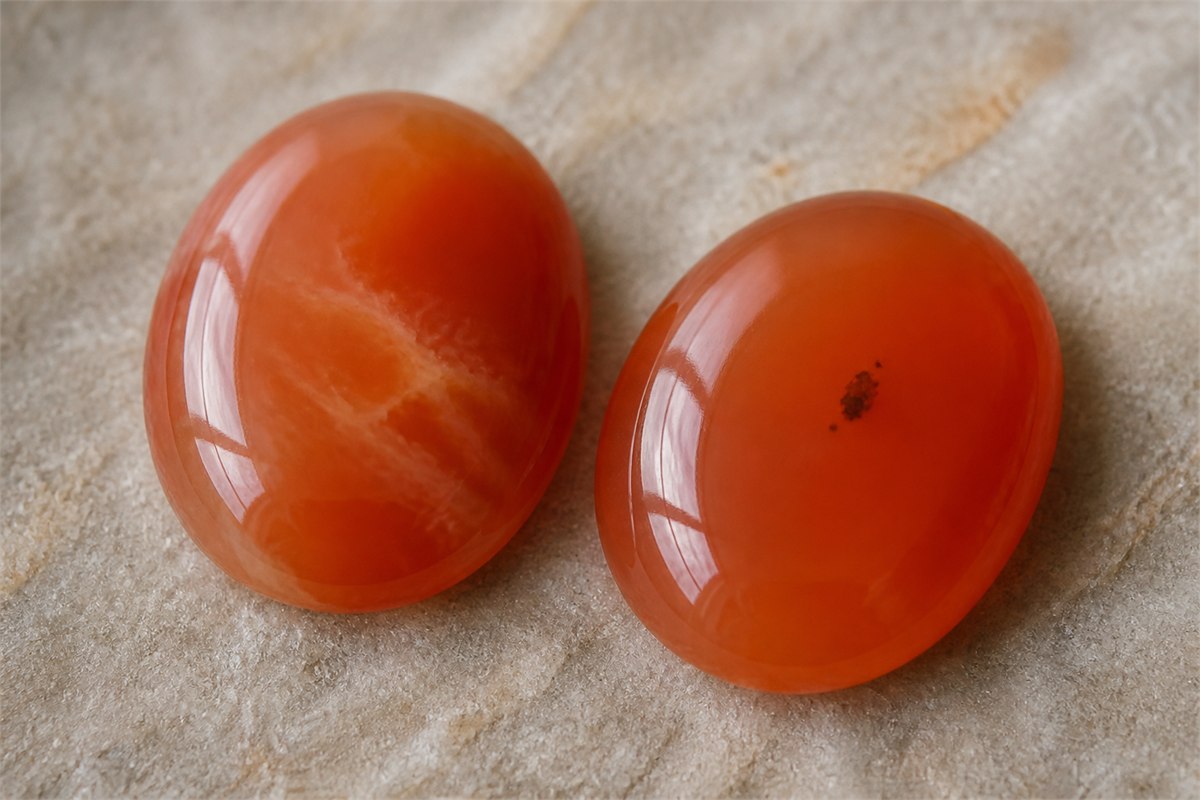 Macro view of carnelian cabochons with cloudy veils, color zoning, and a small dark mineral speck