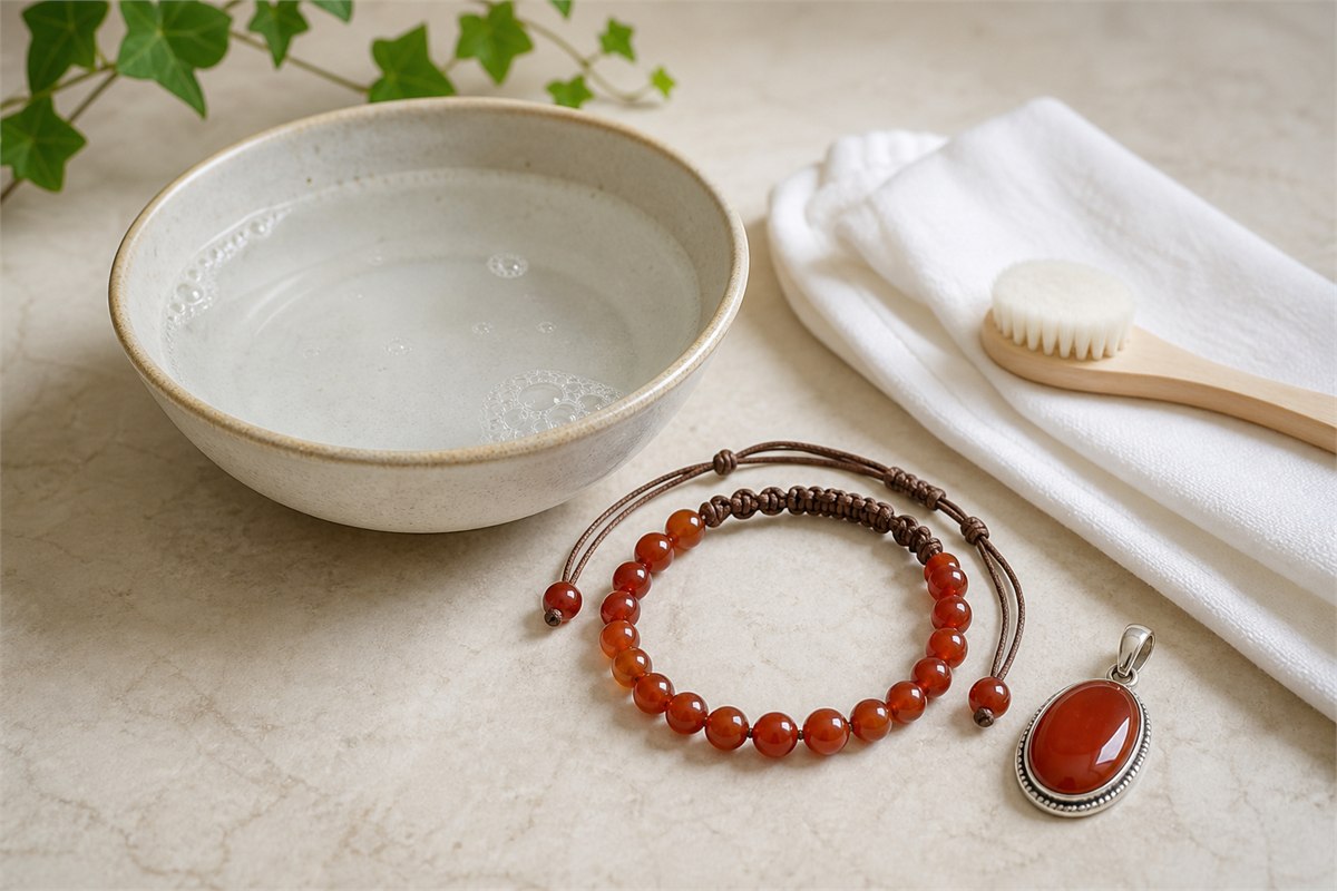 Carnelian bracelet and pendant beside lukewarm water, a soft brush, and a lint-free cloth