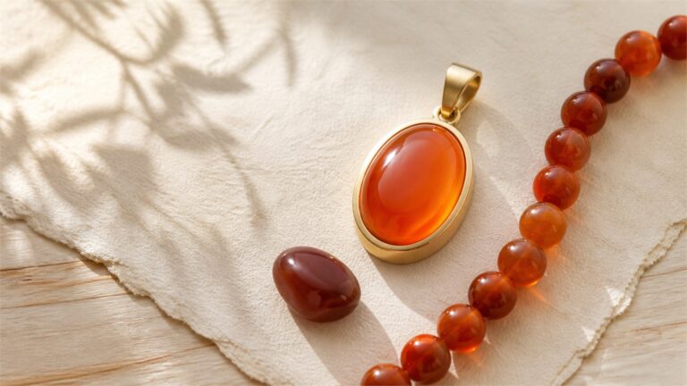 Orange-red carnelian pendant, bead strand, and darker polished stone on ivory paper