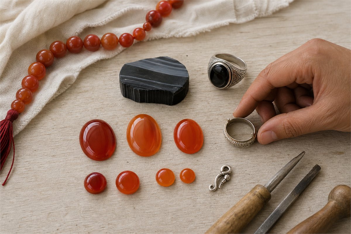 Carnelian cabochons, bead strand, banded onyx blank, black onyx ring, bezel, clasp, and artisan tools on pale wood