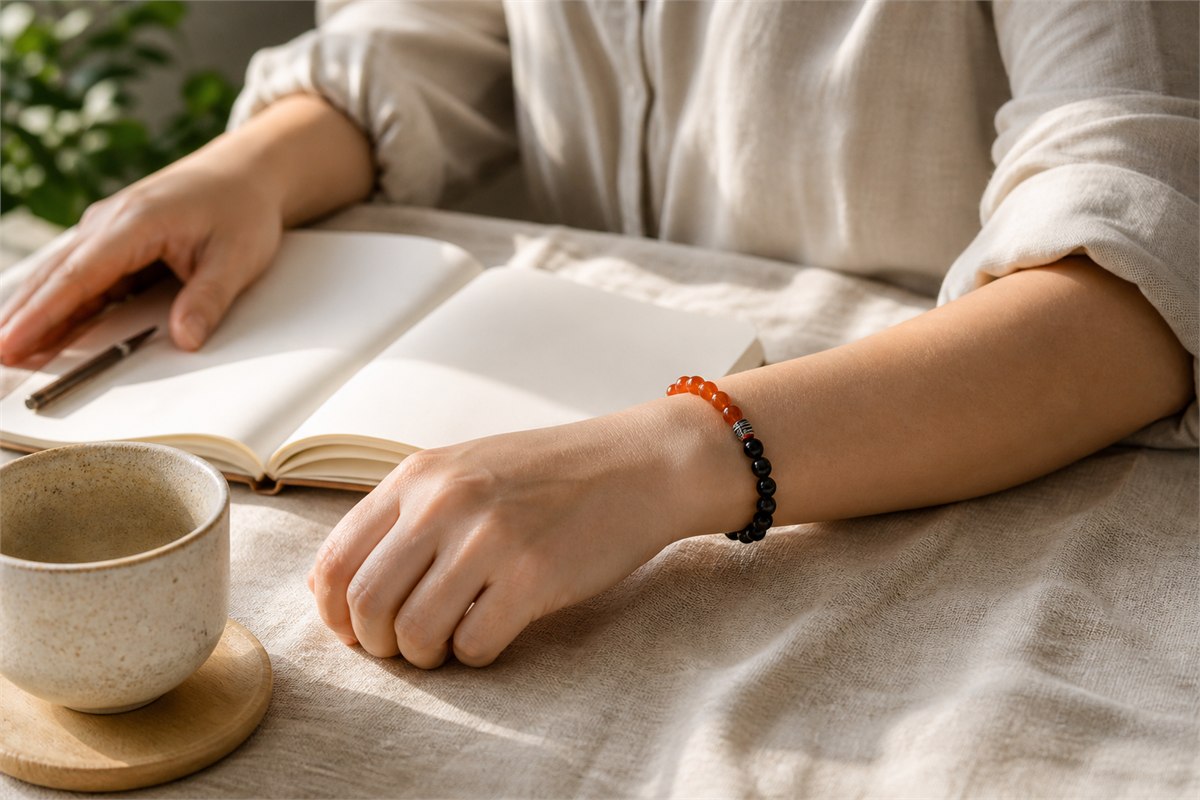 Person resting beside a blank notebook while wearing a bracelet of orange-red carnelian and black chalcedony beads