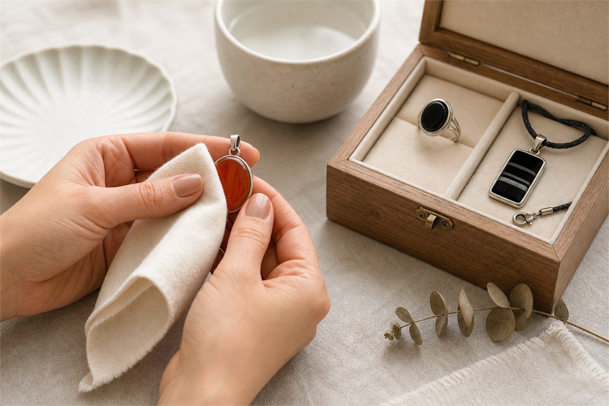 Hands wiping a carnelian pendant with a soft cloth beside separately stored black and banded onyx jewelry