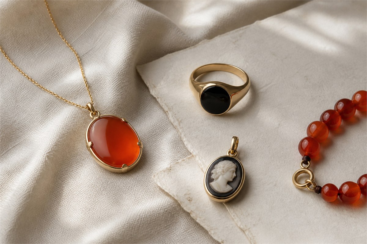 Carnelian pendant and bead strand with black onyx signet ring and banded onyx cameo pendant on ivory linen