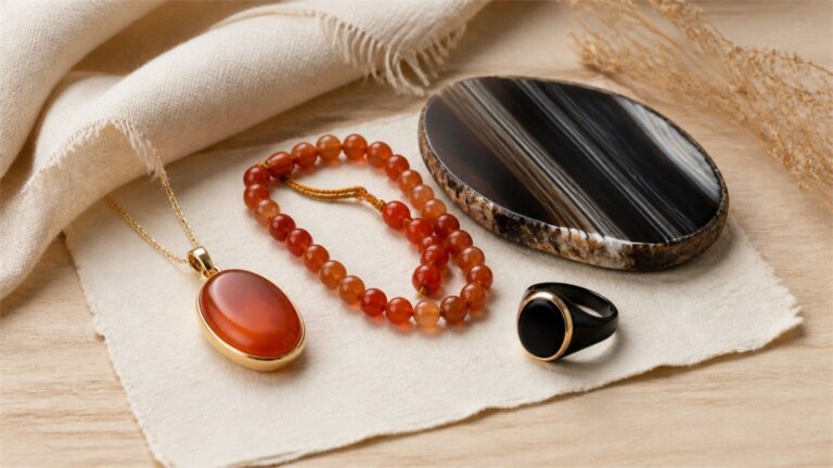 Carnelian pendant and beads with a parallel-banded onyx slice and black onyx signet ring on ivory linen