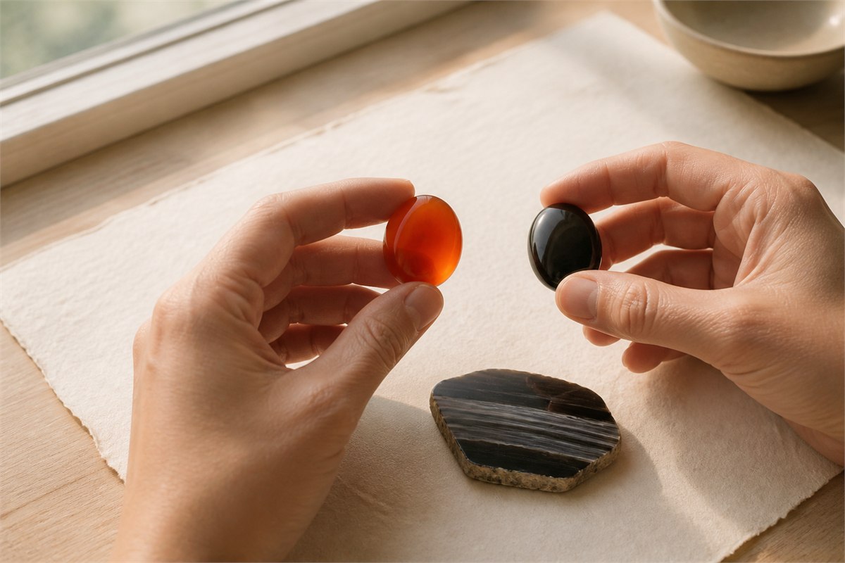 Hands comparing a glowing orange-red carnelian cabochon and dark onyx cabochon beside a banded onyx slice