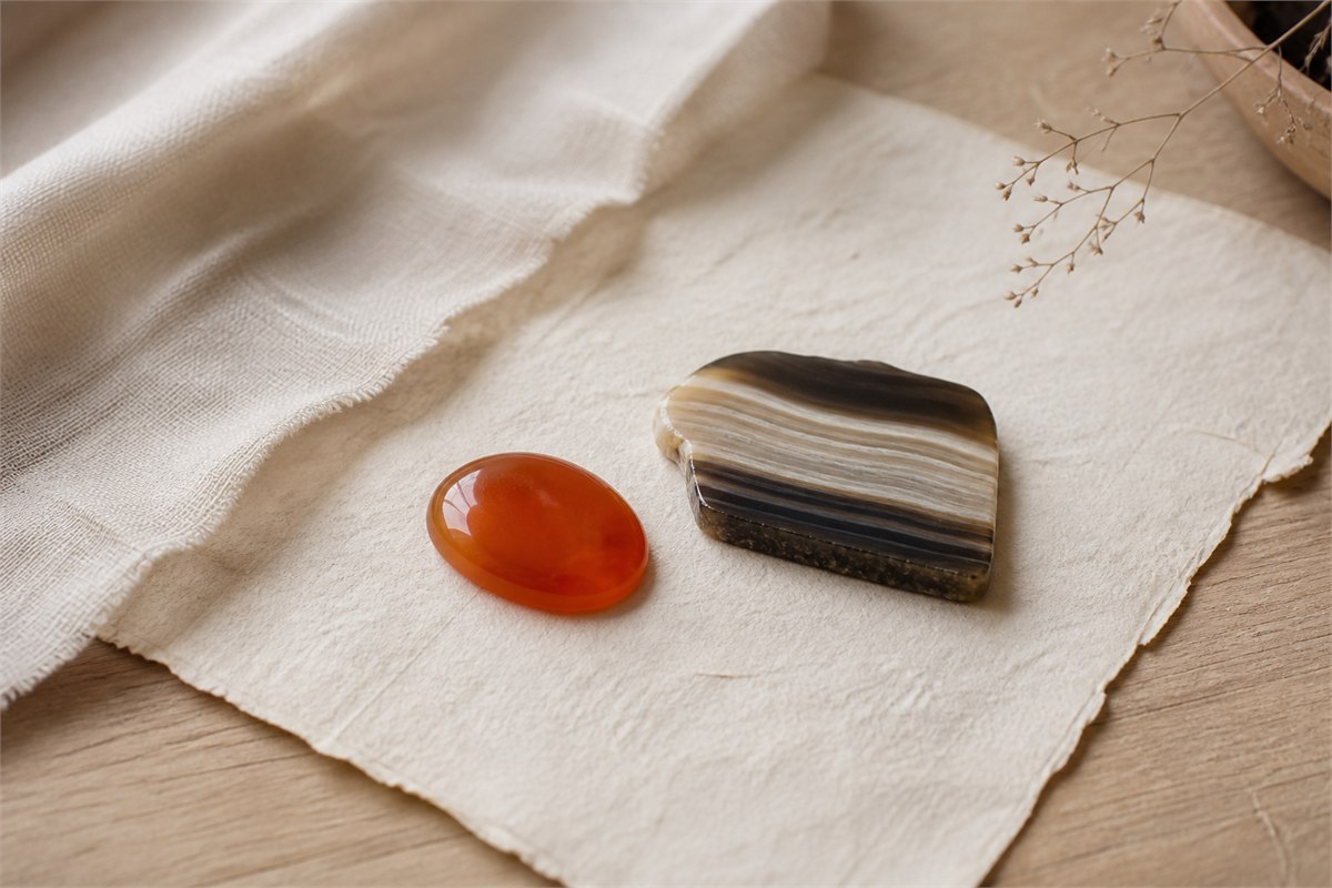 Translucent orange-red carnelian cabochon beside a cream-and-dark parallel-banded onyx slice