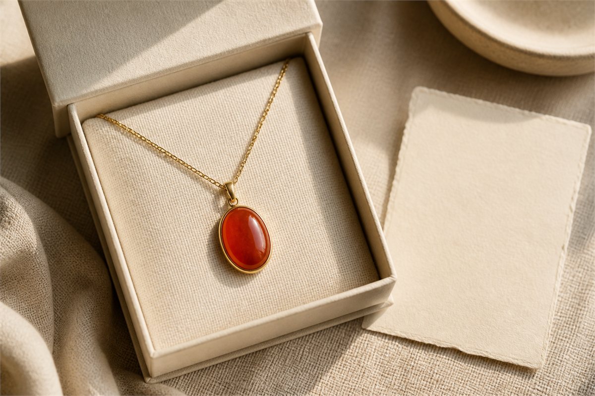 Oval carnelian pendant in a secure gold-toned bezel inside an ivory gift box