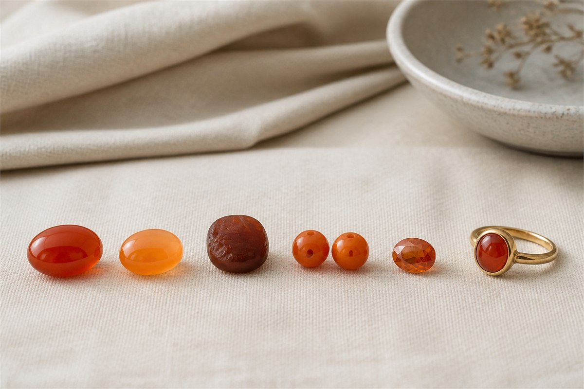 Carnelian cabochons, beads, faceted stone, carving blank, and bezel ring arranged on ivory linen