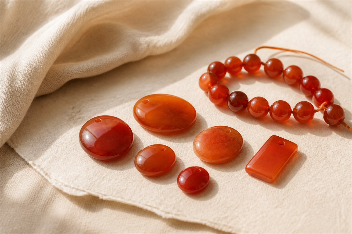 Orange-red carnelian cabochons, beads, and a polished tablet on ivory linen
