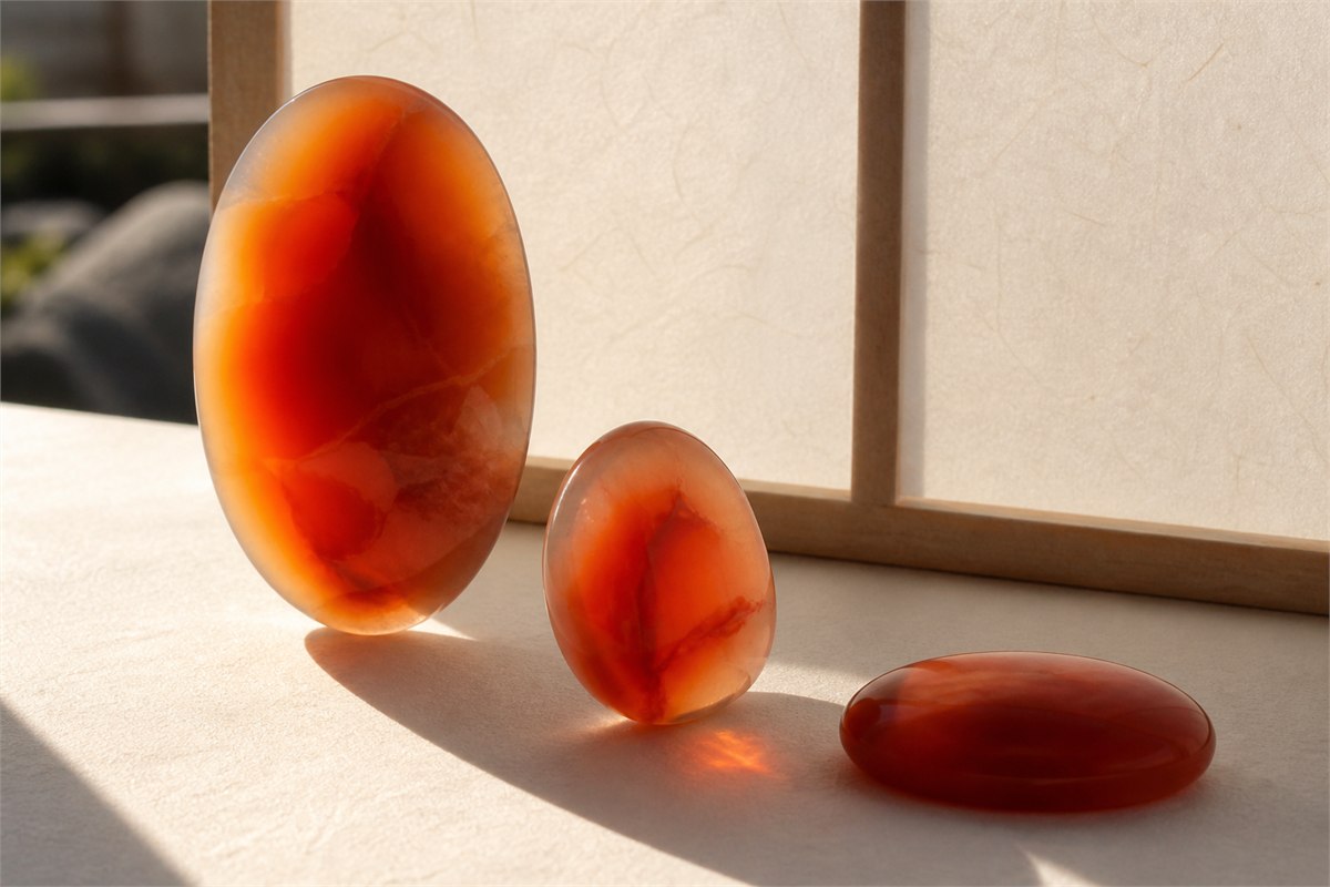 Three carnelian cabochons showing pale glowing edges and deeper red centers in window light
