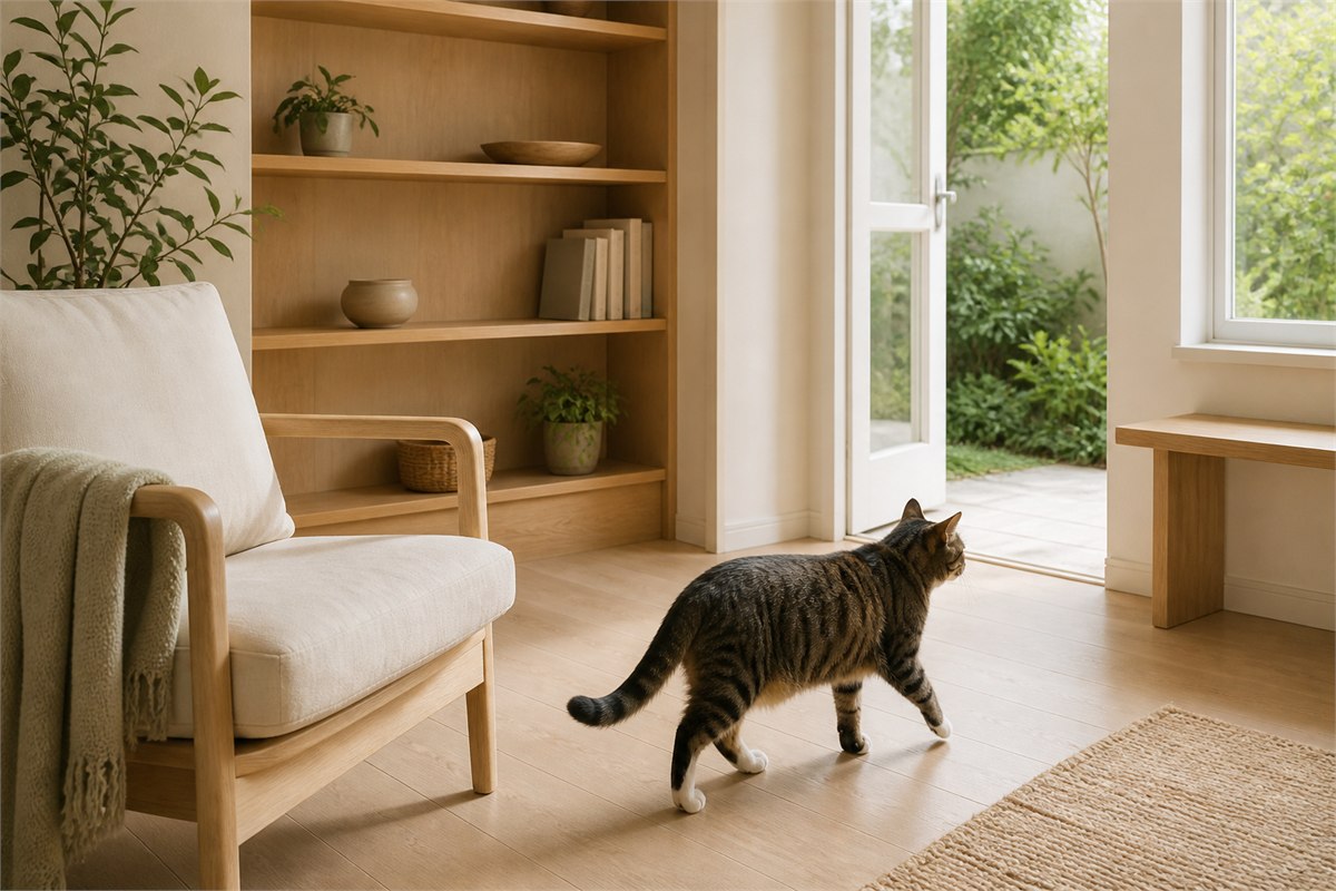 Tabby cat walking through a fragrance-free reading room toward an open doorway and open window