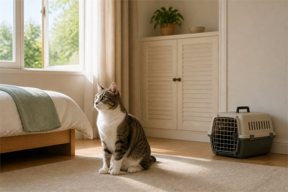 Healthy tabby cat in a bright room with an open window, closed storage cabinet and pet carrier