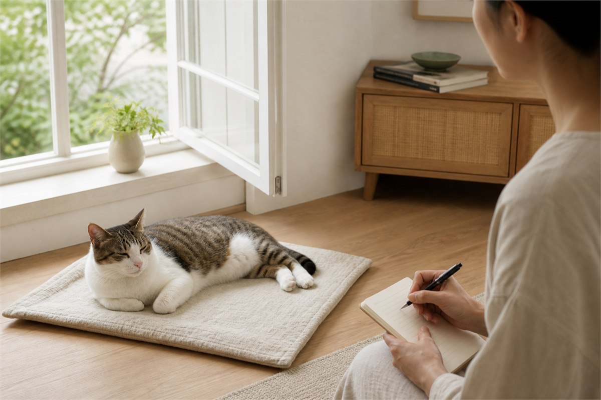 Healthy tabby cat resting by an open window while a caregiver takes notes nearby