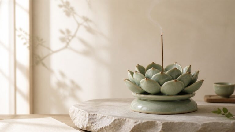Celadon lotus incense burner with a delicate incense wisp on a pale stone slab