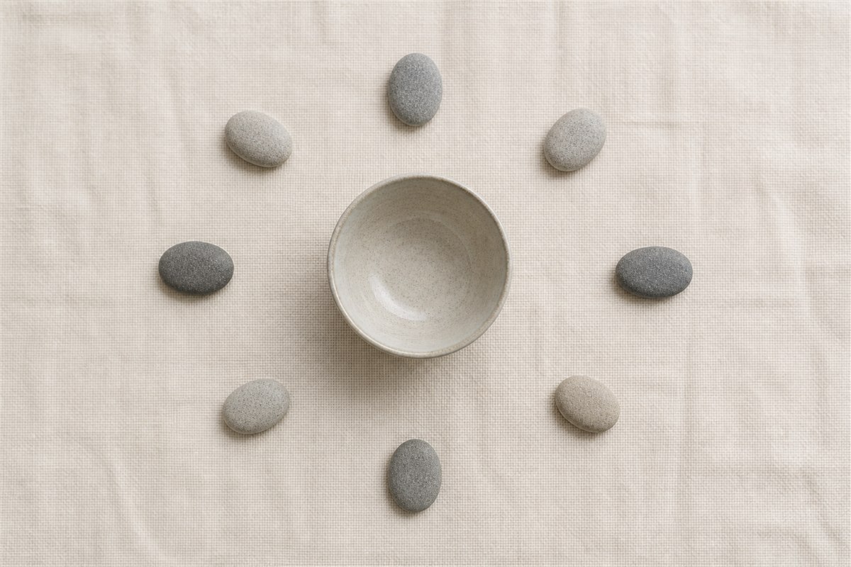 A handmade ceramic bowl surrounded by eight smooth stones on warm ivory linen.