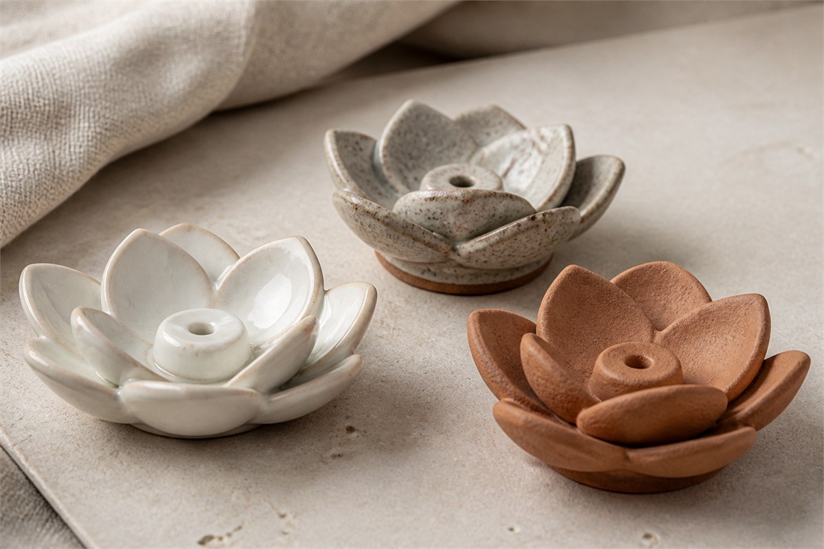 Glazed porcelain, speckled stoneware, and unglazed clay lotus incense holders