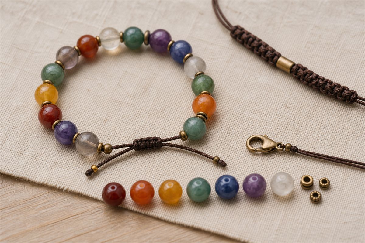 Beads braided cord clasp spacers and bracelet construction details on linen