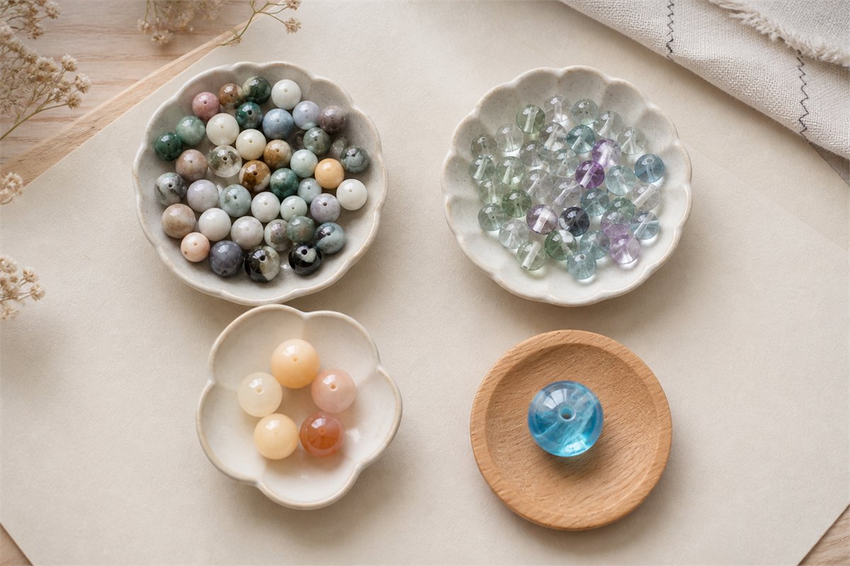 Groups of natural mineral glass and resin-style beads shown for comparison