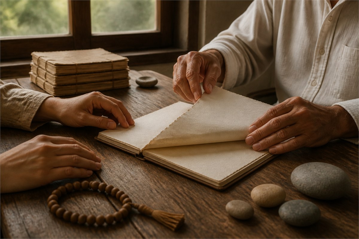 Adult hands turning blank handmade pages beside wooden beads and natural stones