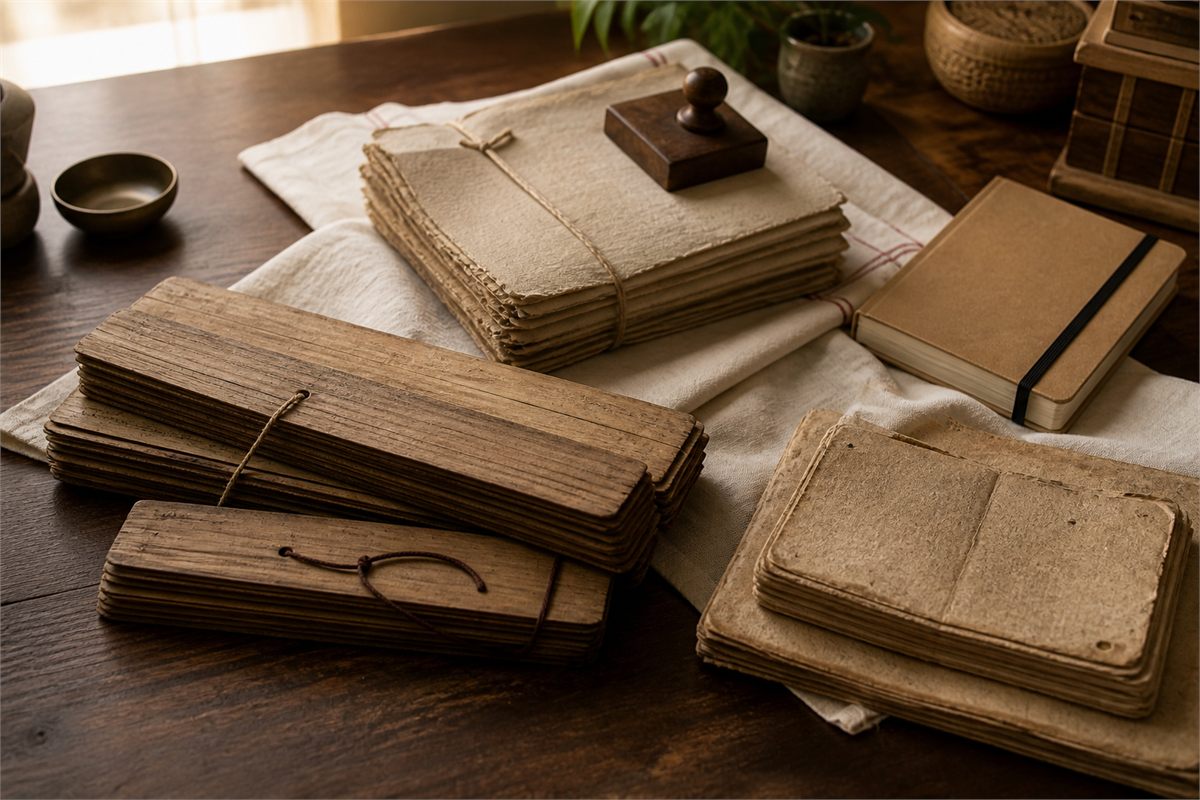 Blank handmade folios, natural thread, and a small wooden object on a warm neutral table