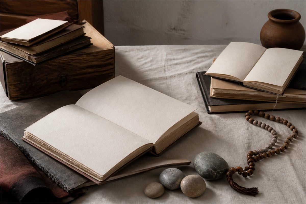 Open old books with blank pages, wooden beads, and natural stones on a warm wood table