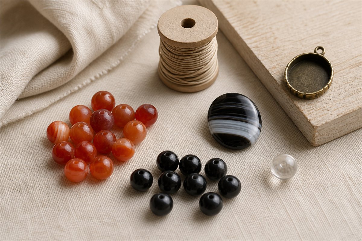 Carnelian beads, black chalcedony beads, parallel-banded onyx cabochon, clear glass bead, cord spool, and empty bezel