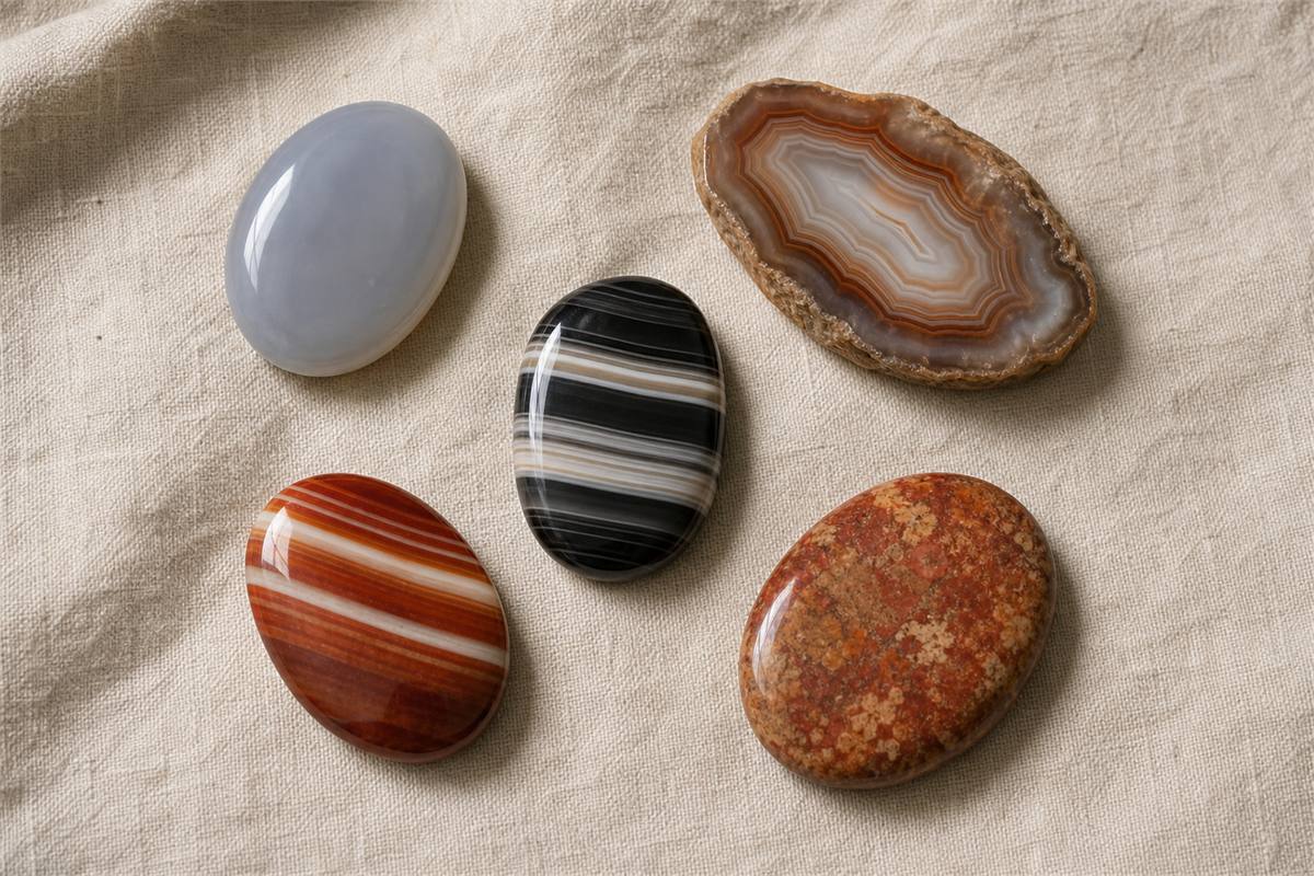 Four polished microcrystalline quartz specimens showing pale chalcedony, parallel-banded onyx, reddish sardonyx, and opaque jasper