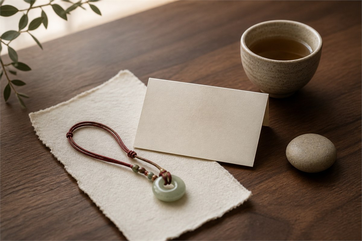 Pale green pendant, blank gift card, tea cup, and stone arranged on a warm wood table