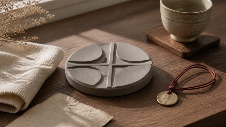 Modern round tile-inspired object, bronze pendant, cream textile, and tea cup on warm wood