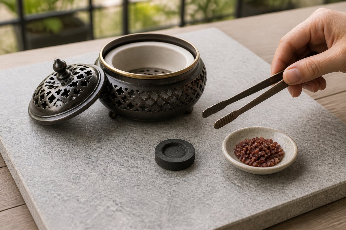 A purpose-built charcoal incense burner, metal tongs, an unlit charcoal tablet, and dry red resin on a stone slab