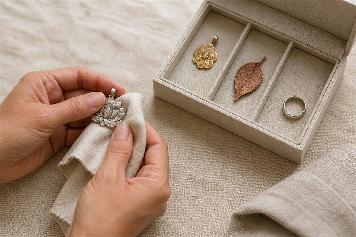 Hands wiping a chased silver lotus pendant with a soft cloth beside separated floral, leaf, and plain jewelry pieces