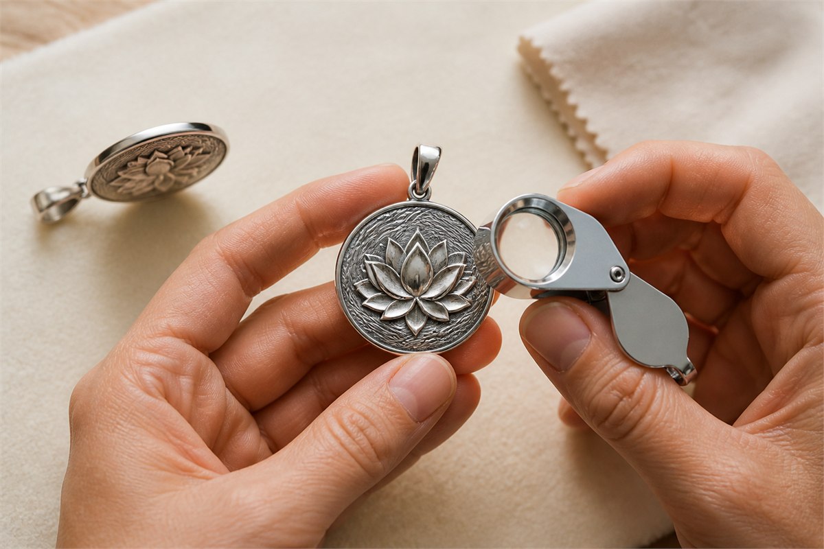 Hands examining a silver lotus pendant with a jeweler’s loupe against a warm neutral background