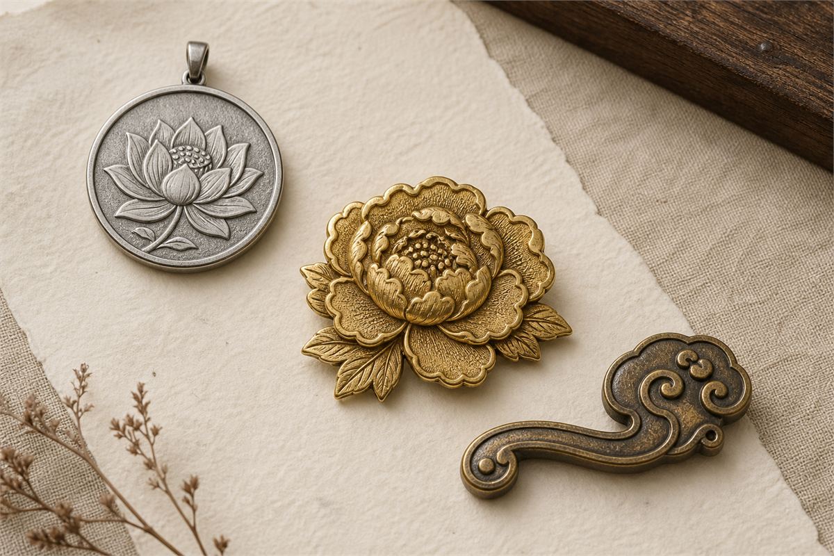 Silver lotus pendant, gold-toned peony brooch, and brass ruyi-shaped charm with restrained chased detail