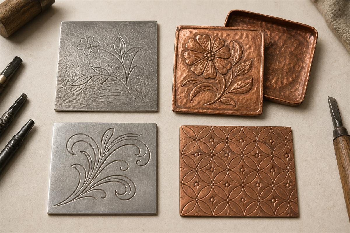 Four small silver and copper metal studies with floral relief, incised lines, textured grounds, and repeated impressions