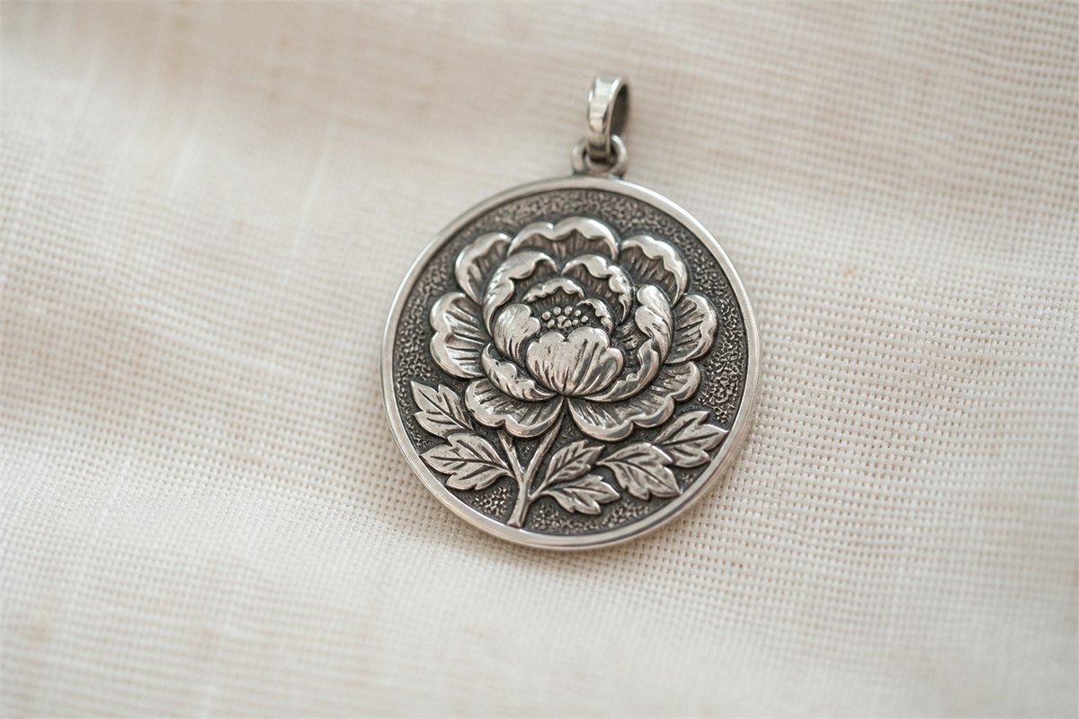 Close view of a silver peony pendant with bright raised petal edges and a restrained dark textured ground