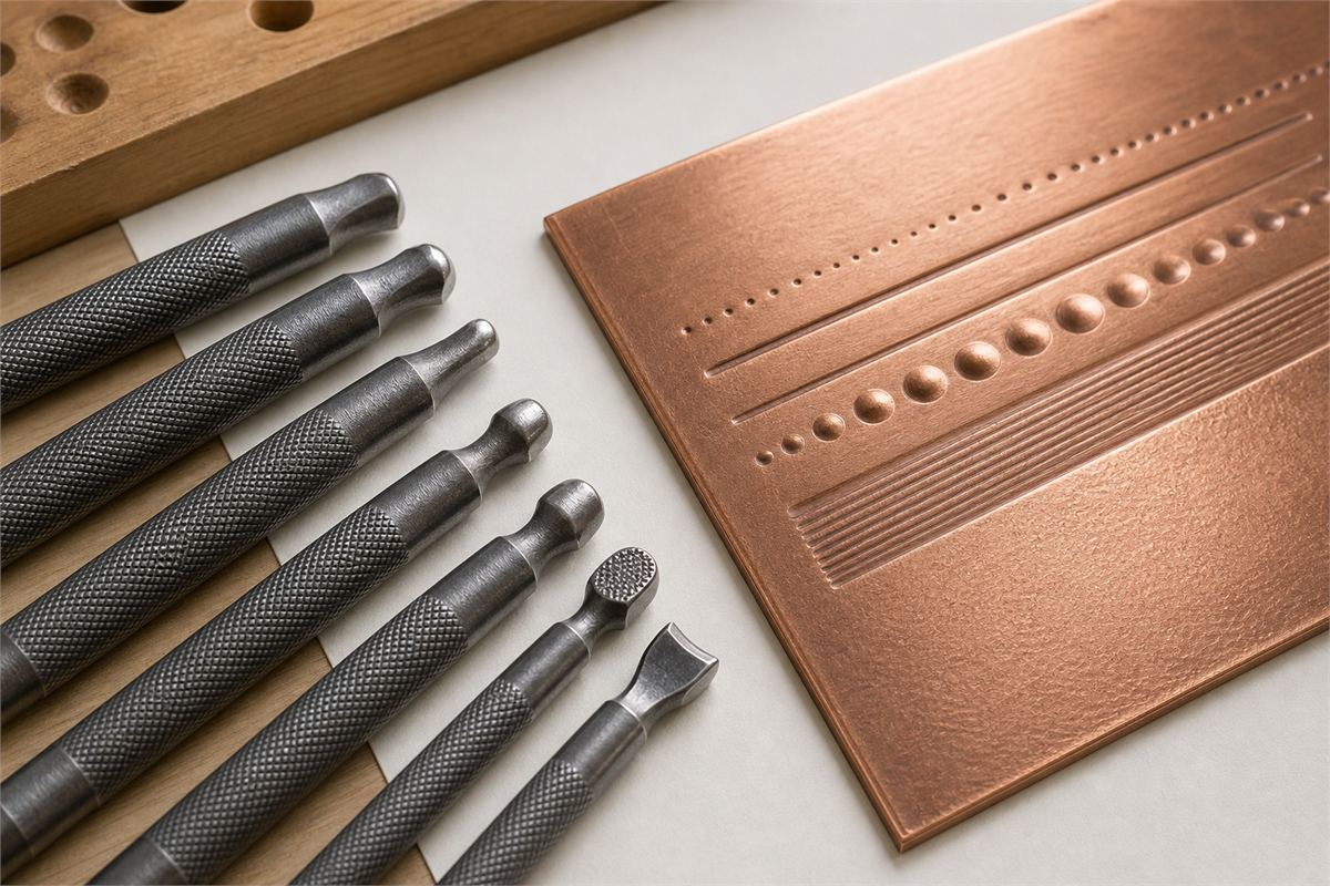 Steel chasing punches with narrow, rounded, dot, and texture faces beside a copper practice plate