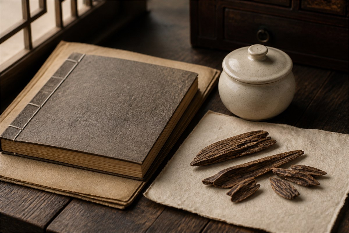 Closed stitched book, lidded ceramic container, and agarwood chips arranged separately on handmade paper