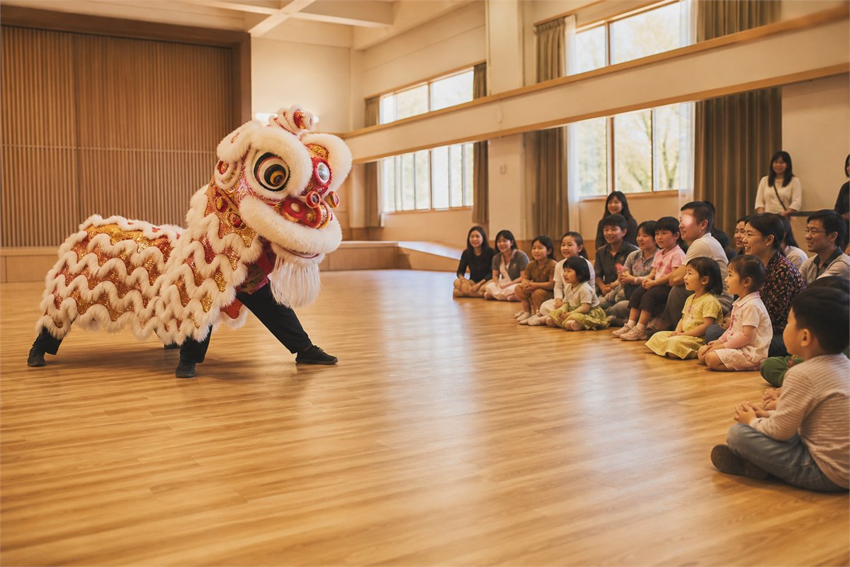 Children and caregivers watching a floor-level lion dance from a clear safe distance