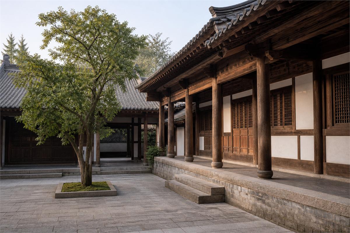 Quiet traditional Chinese Buddhist temple courtyard with wooden corridor and tiled roof