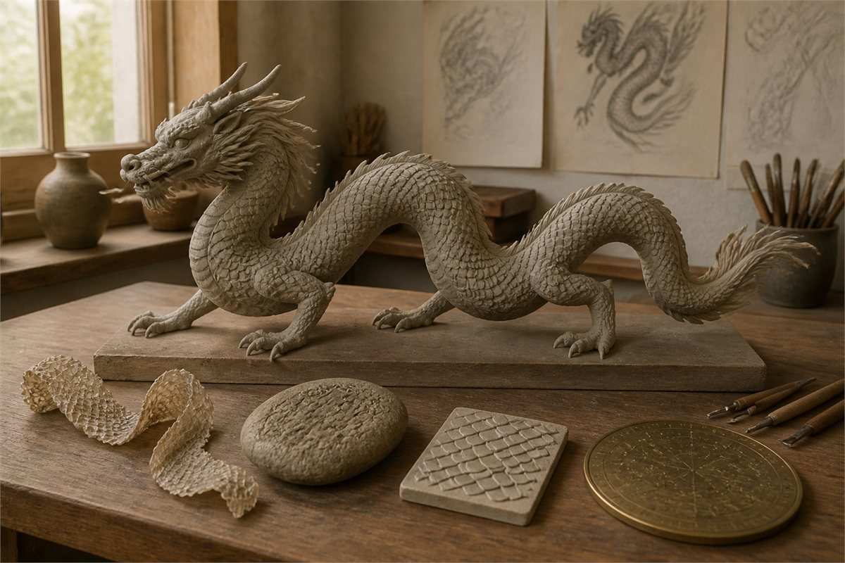 Modern clay Chinese dragon sculpture with separate snake skin, stone, scale tile, and brass sky-study references