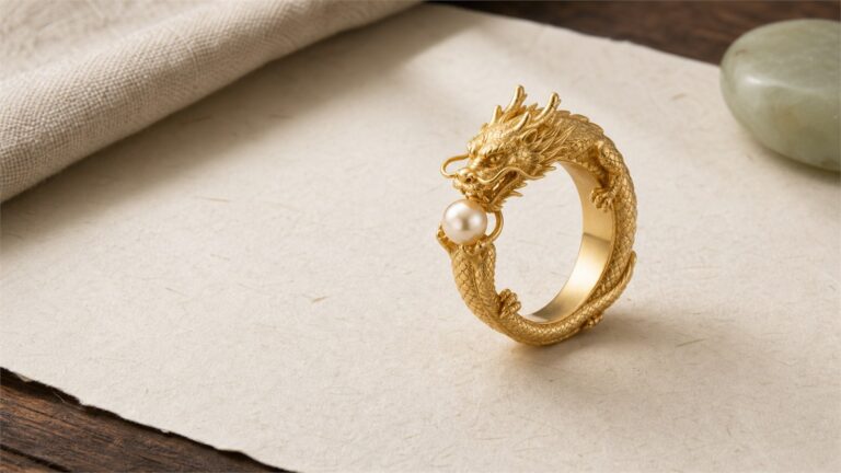 Gold Chinese dragon ring holding a pearl on warm ivory paper