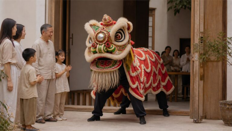 Southern lion dance performers greeting a family at a warm community doorway