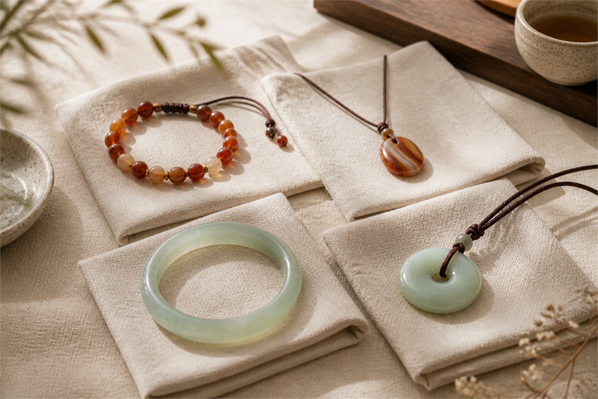 Agate bracelet and pendant displayed separately from a pale green jade bangle and creamy nephrite disc pendant