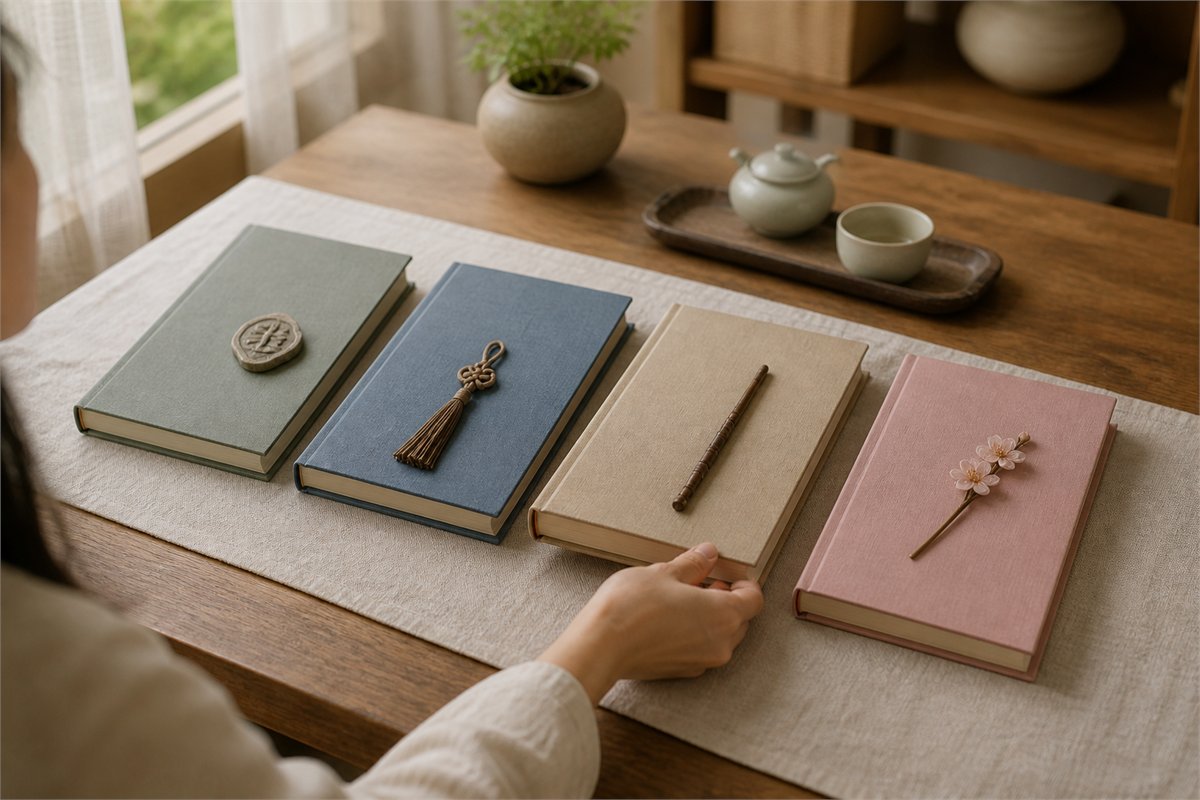 Reader reaches toward four blank clothbound books paired with distinct symbolic objects