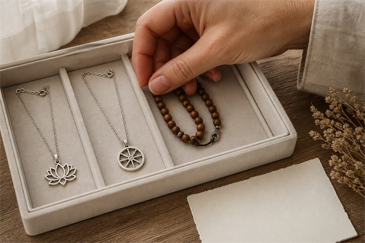 Adult hand choosing among lotus, eight-spoke wheel, and wooden bead necklaces in a neutral tray