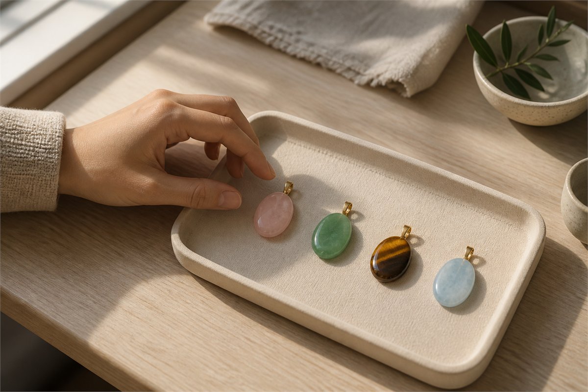 A hand chooses among rose quartz, green aventurine, tiger’s eye, and aquamarine pendants.