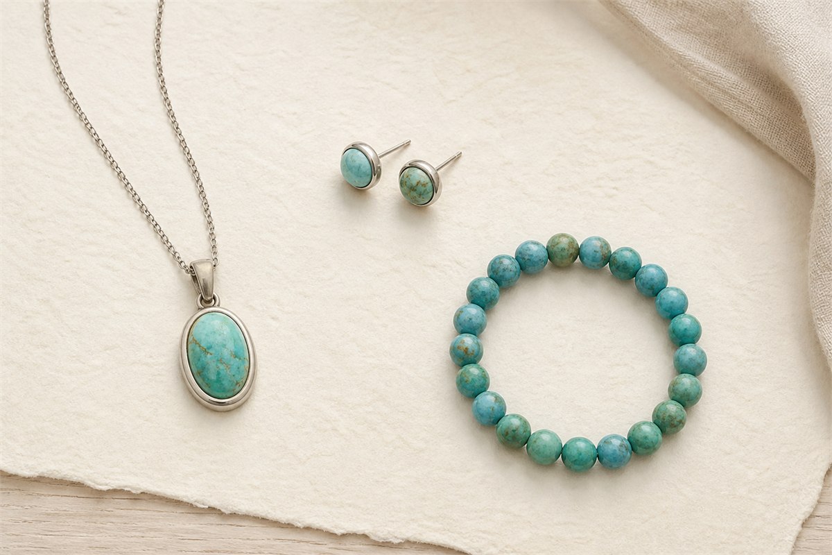 Turquoise pendant, stud earrings, and round bead bracelet arranged on ivory paper