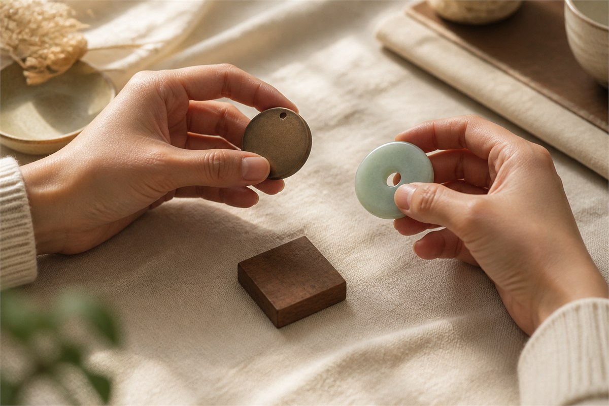 Hands comparing a plain bronze pendant and pale circular stone above a cream textile