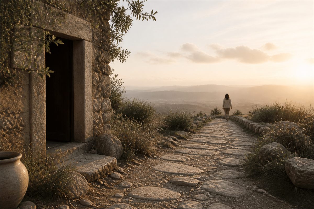 A person walking from a shadowed stone doorway toward a sunlit mountain path